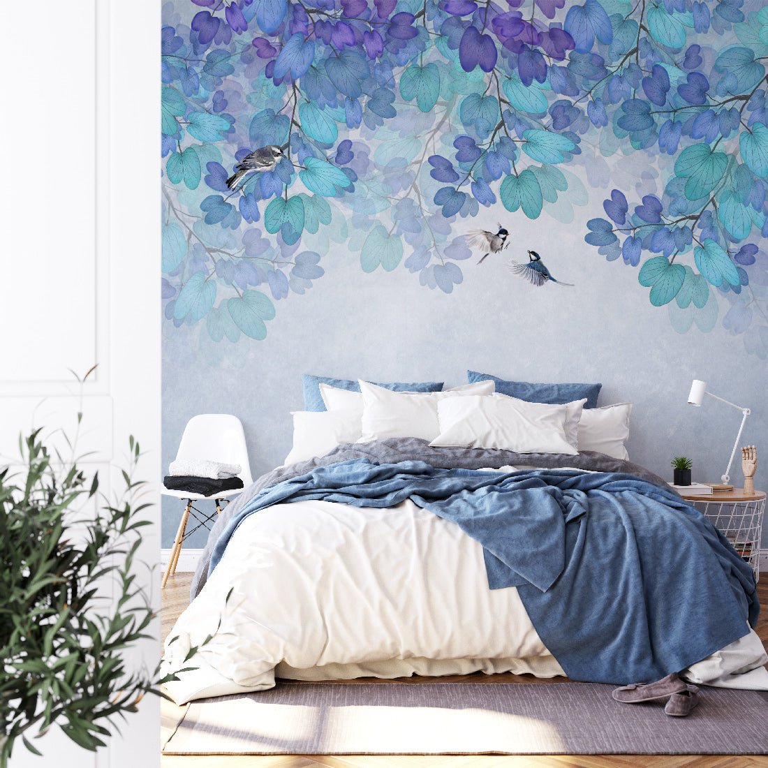 Papier peint feuille bleu - papier peint sur mesure francais - muralconcept