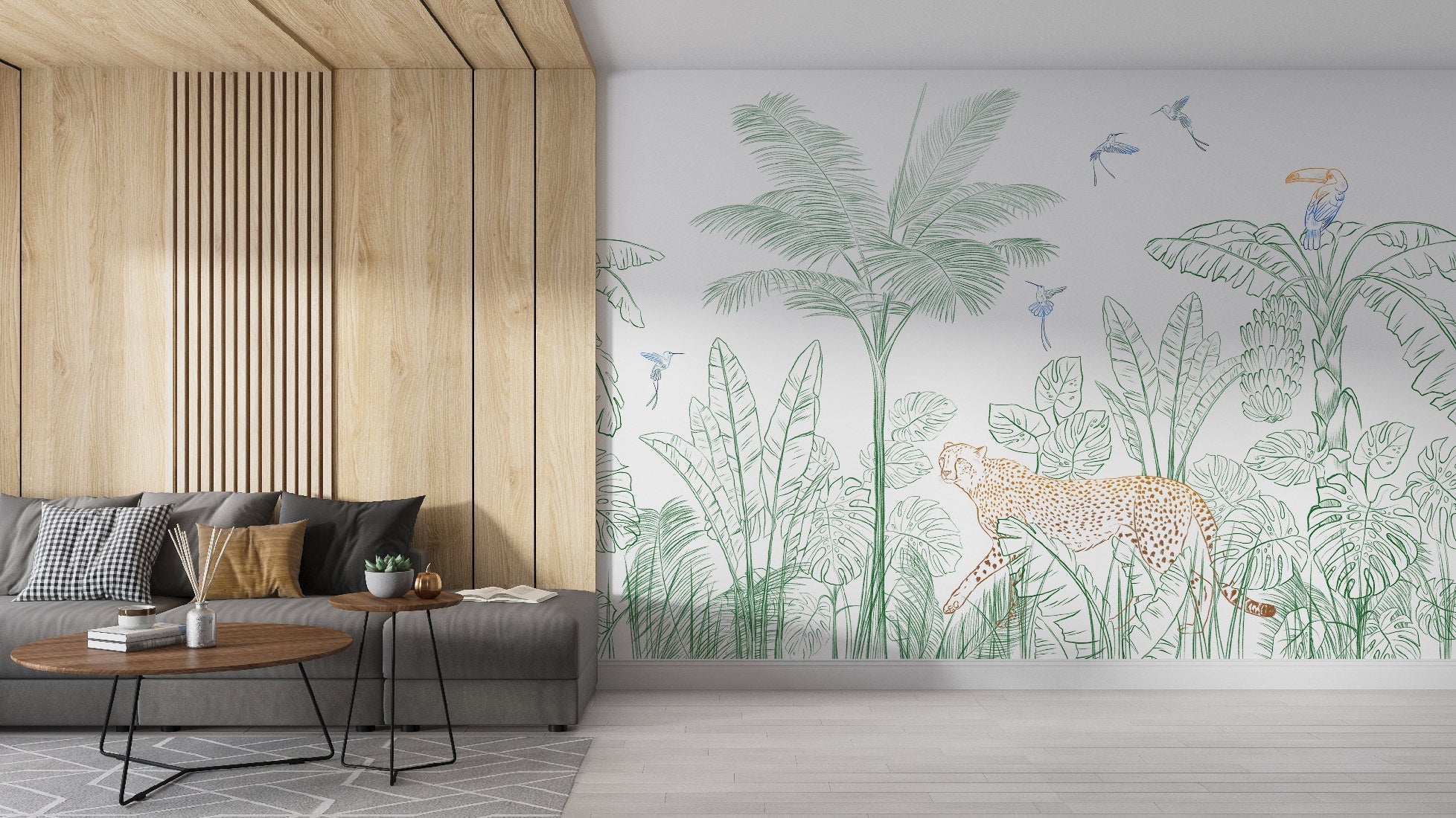 Papier peint jungle léopard vert - papier peint sur mesure francais - muralconcept