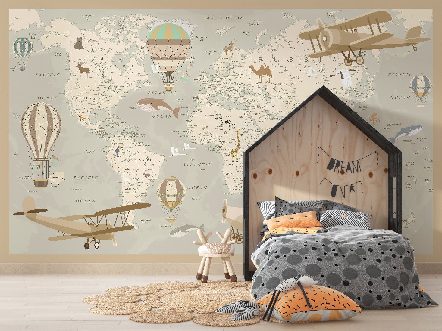 Papier peint enfant carte du monde aviateur - papier peint sur mesure francais - muralconcept