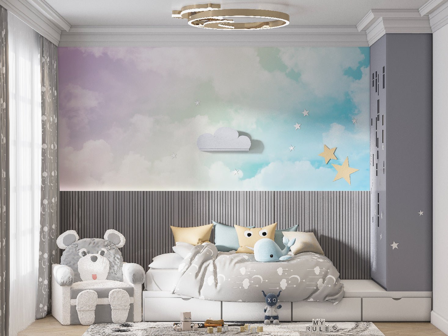 Papier peint enfant nuage soft colors - papier peint sur mesure francais - muralconcept
