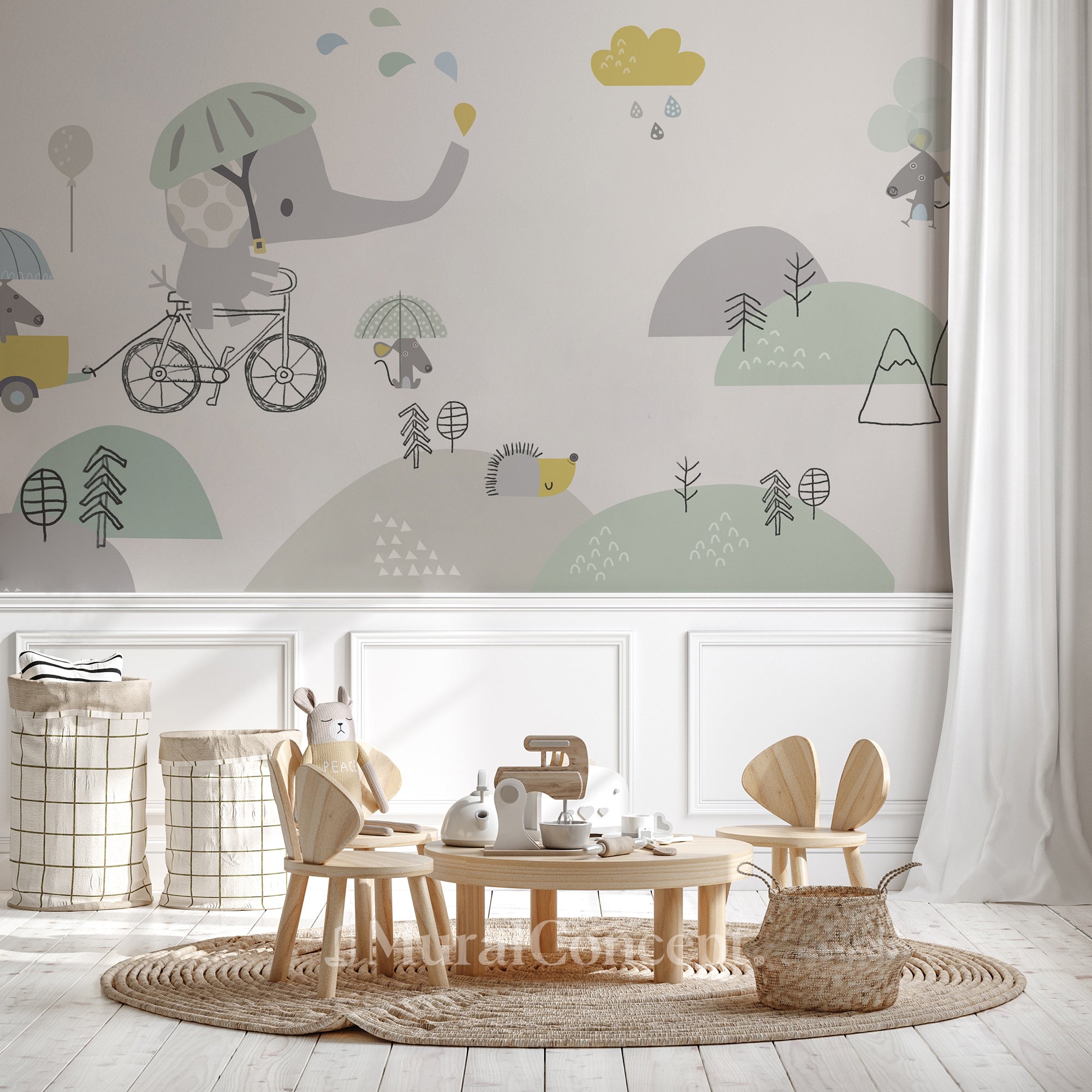Papier peint chambre bébé Eléphant à vélo - décor mural sur mesure français