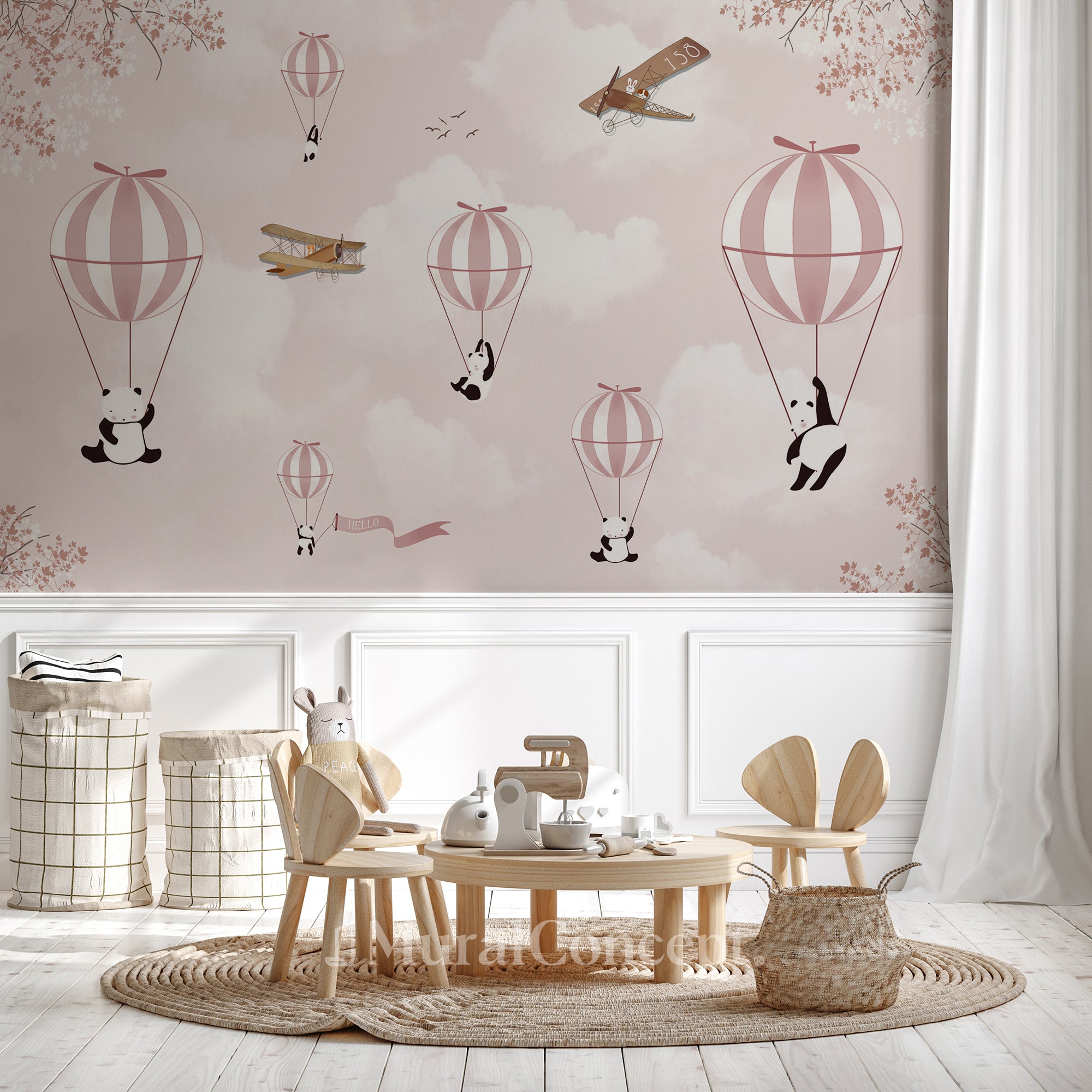 Papier peint chambre enfant Panda nuage rose - décor mural sur mesure français