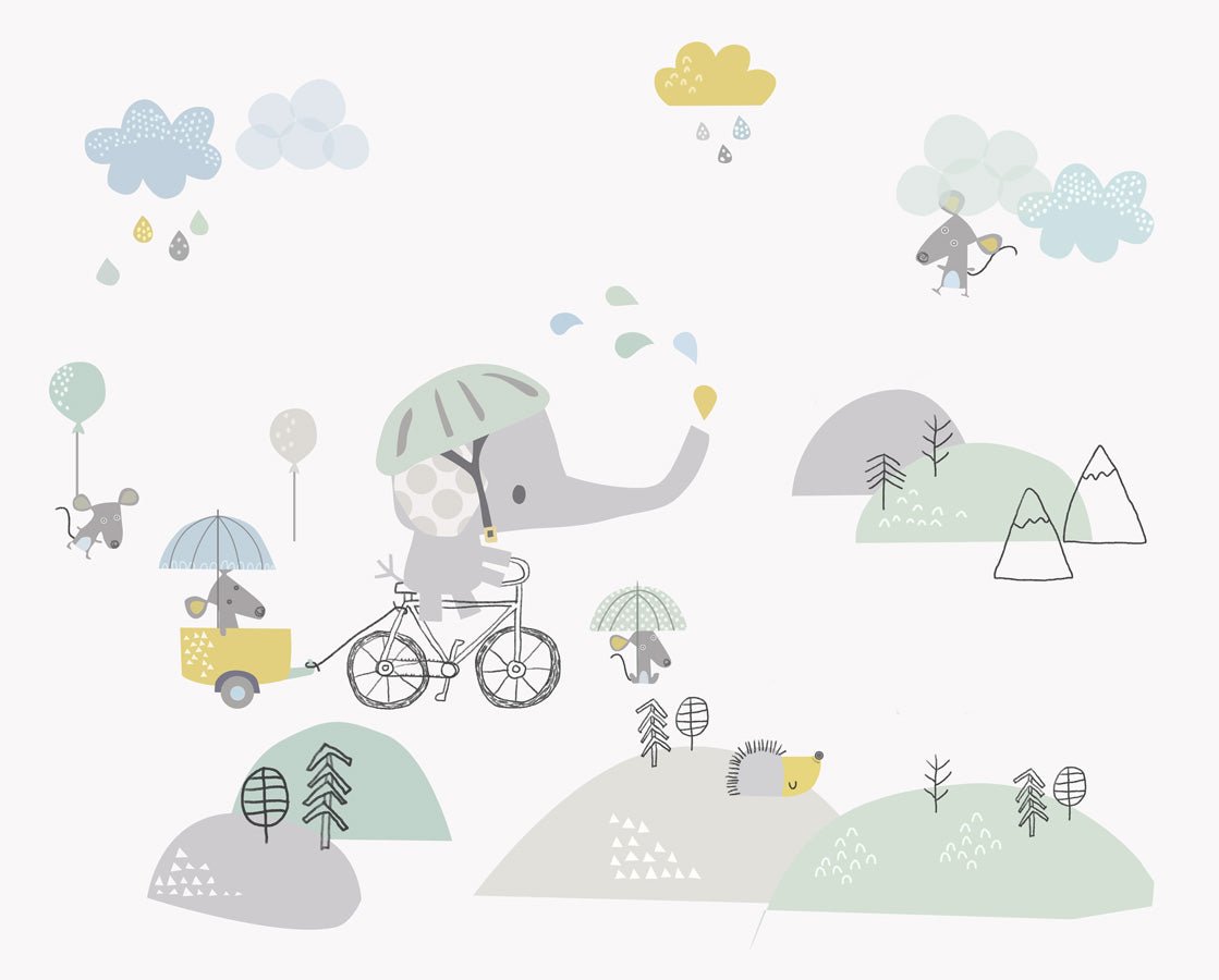 Papier peint chambre bébé Eléphant à vélo, mural concept, tendance