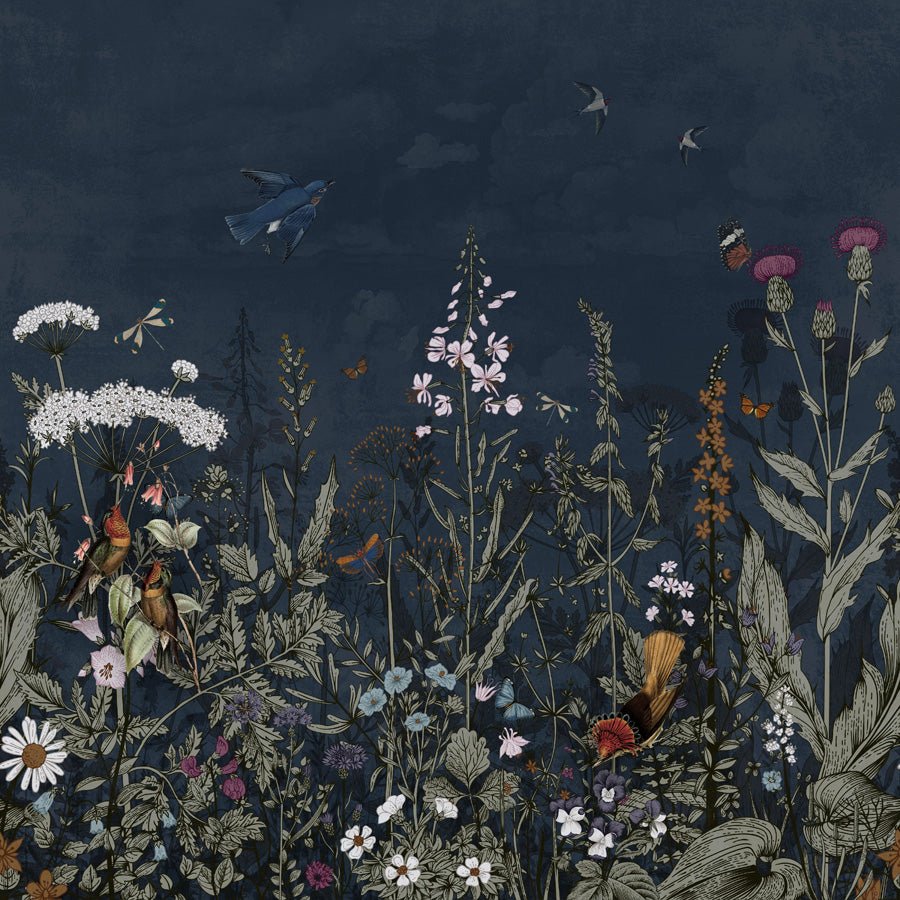 Papier peint panoramique bleu nuit floral, mural concept, tendance