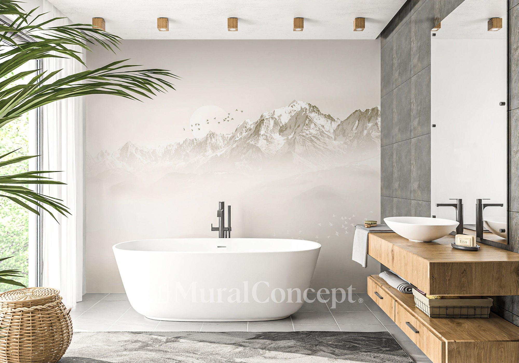 Papier peint salle de bain matin brumeux Mont Blanc - panoramique sur mesure francais - muralconcept