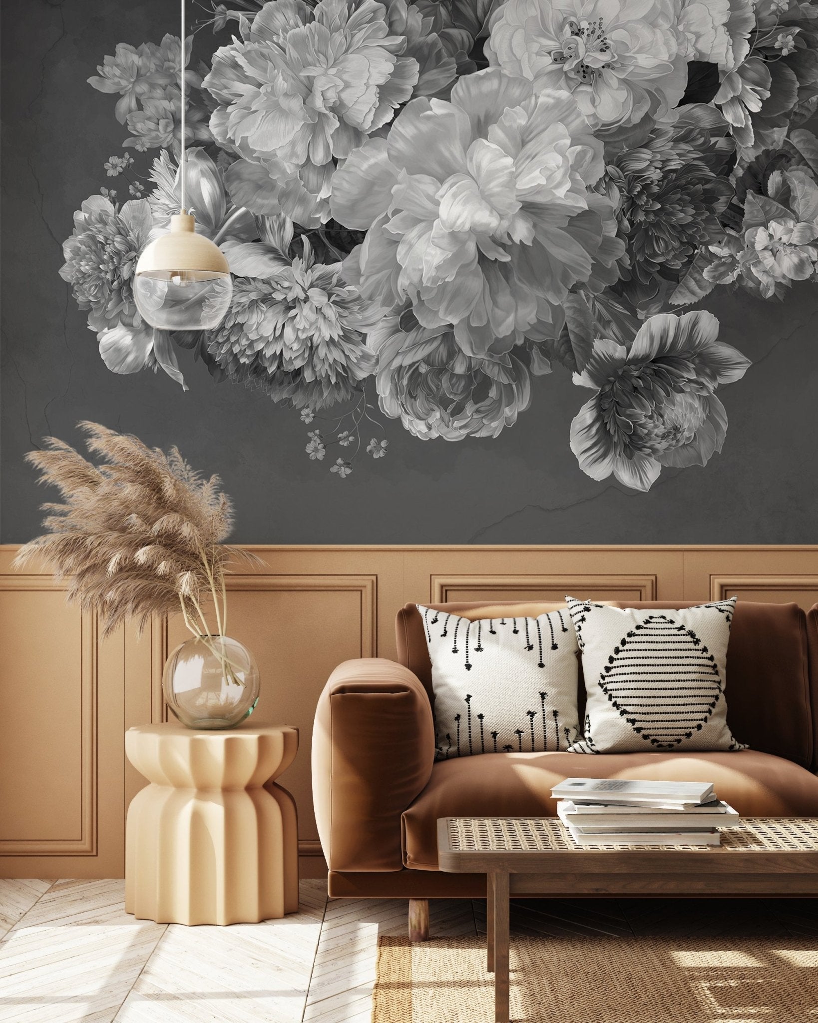 papier peint des années 70, retro noir et blanc floral francais