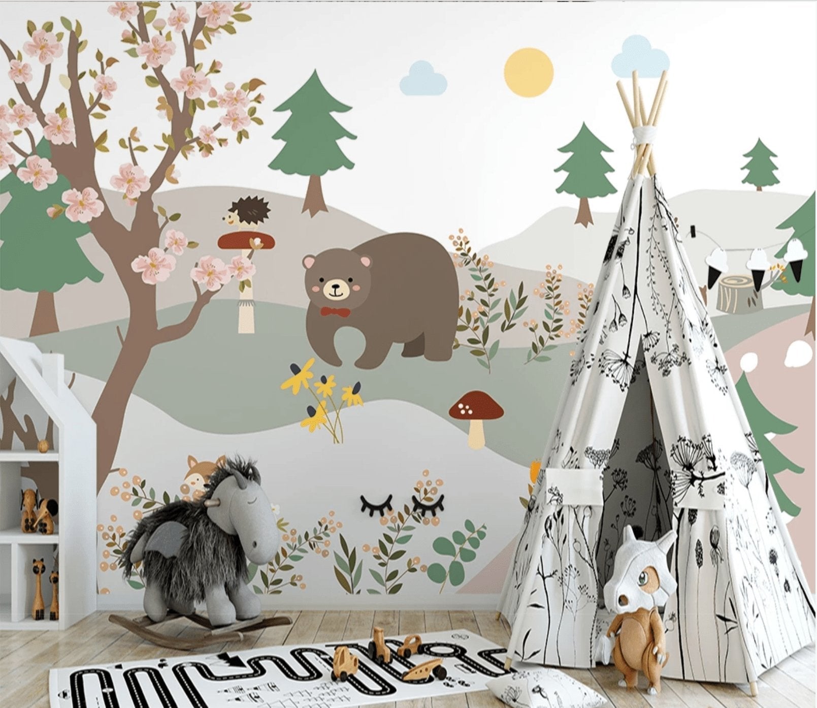 Papier peint chambre enfant ours forêt - papier peint sur mesure francais - muralconcept