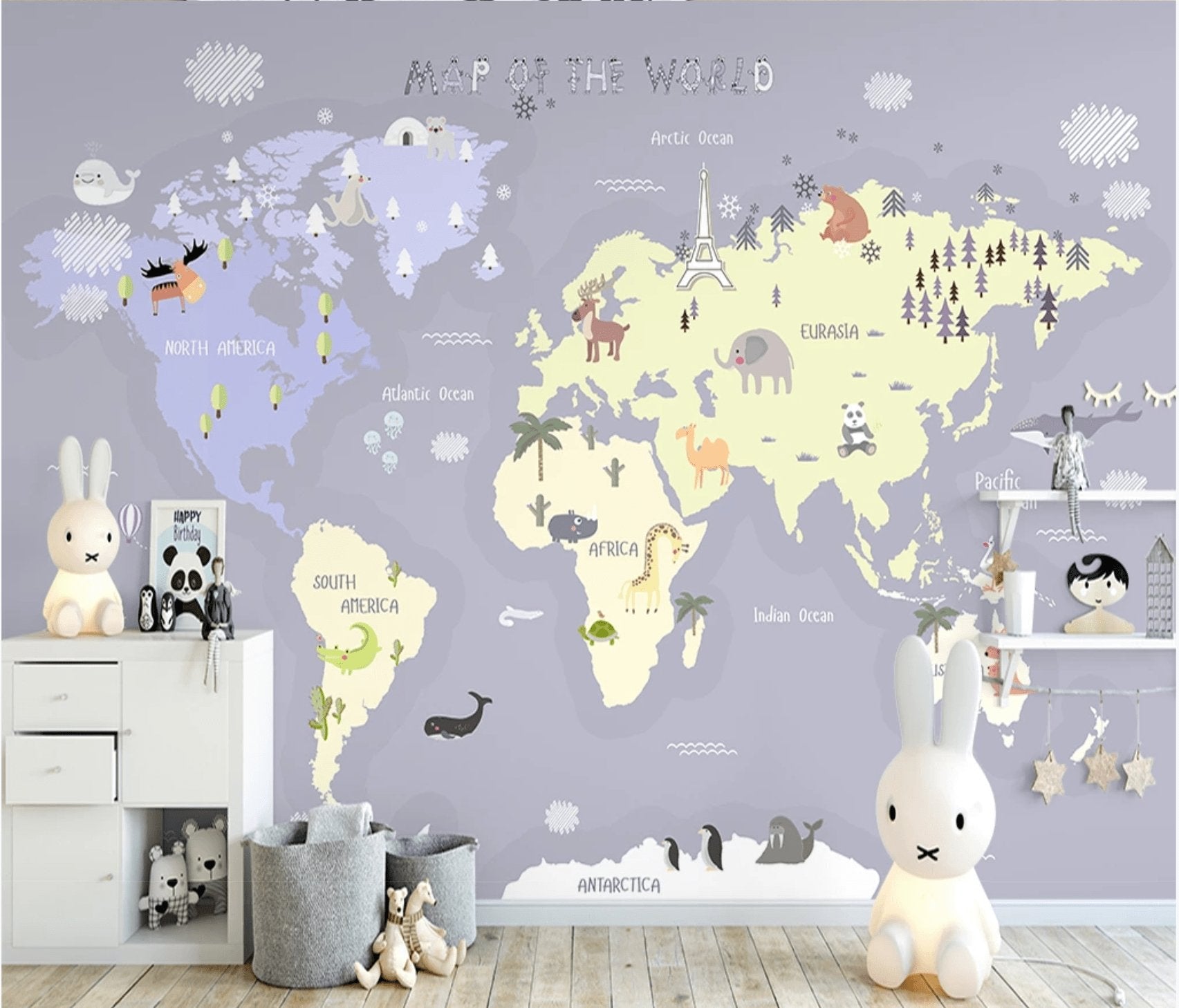 Papier peint enfant carte du monde fille - papier peint sur mesure francais - muralconcept