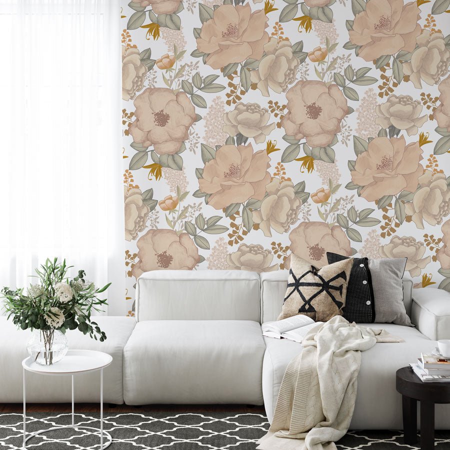 Papier peint fleur pastel terracotta - papier peint sur mesure francais - muralconcept