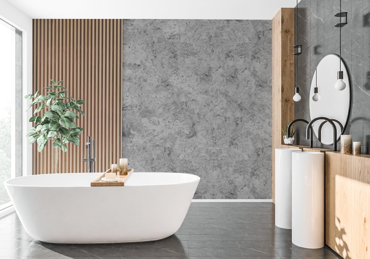 Papier peint imitation béton et tasseau chêne - papier peint sur mesure francais - muralconcept