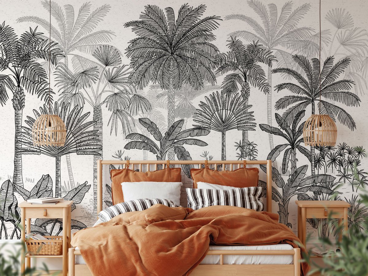Papier peint jungle cocotier tendance gravure - papier peint sur mesure francais - muralconcept