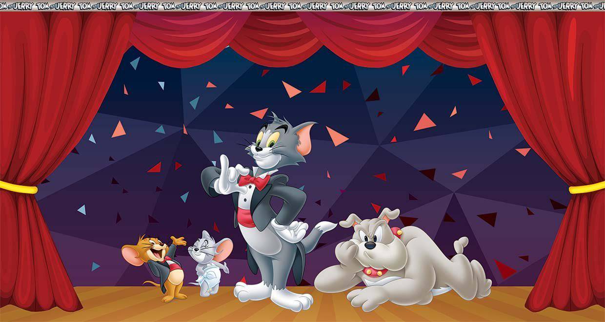 Papier peint panoramique cartoon Tom & Jerry représentation spectacle magie - papier peint sur mesure francais - muralconcept