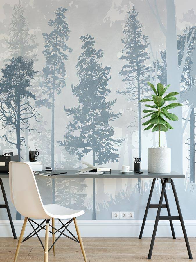 Papier peint panoramique forêt bleu scandinave - papier peint sur mesure francais - muralconcept