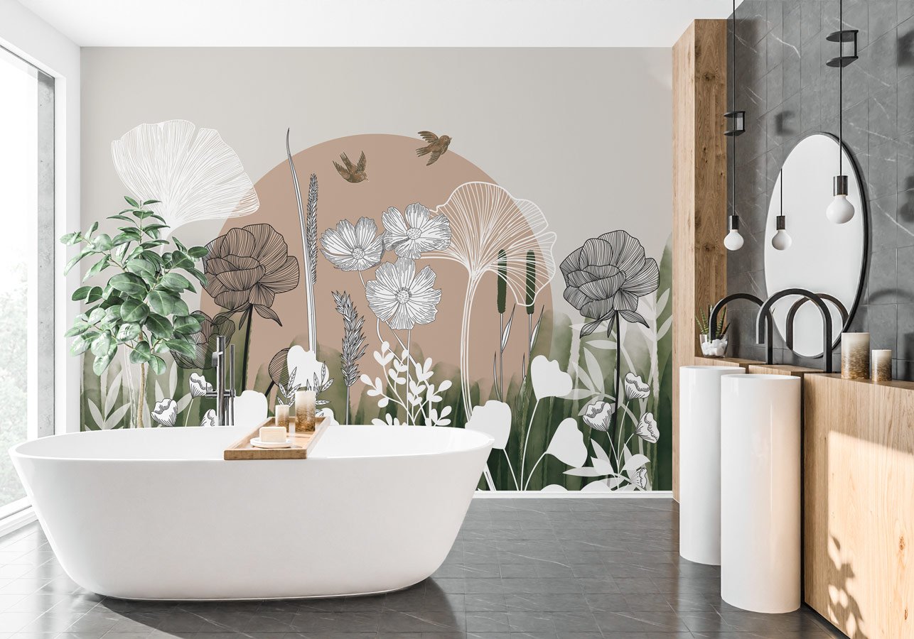 Papier peint panoramique illustration florale - papier peint sur mesure francais - muralconcept