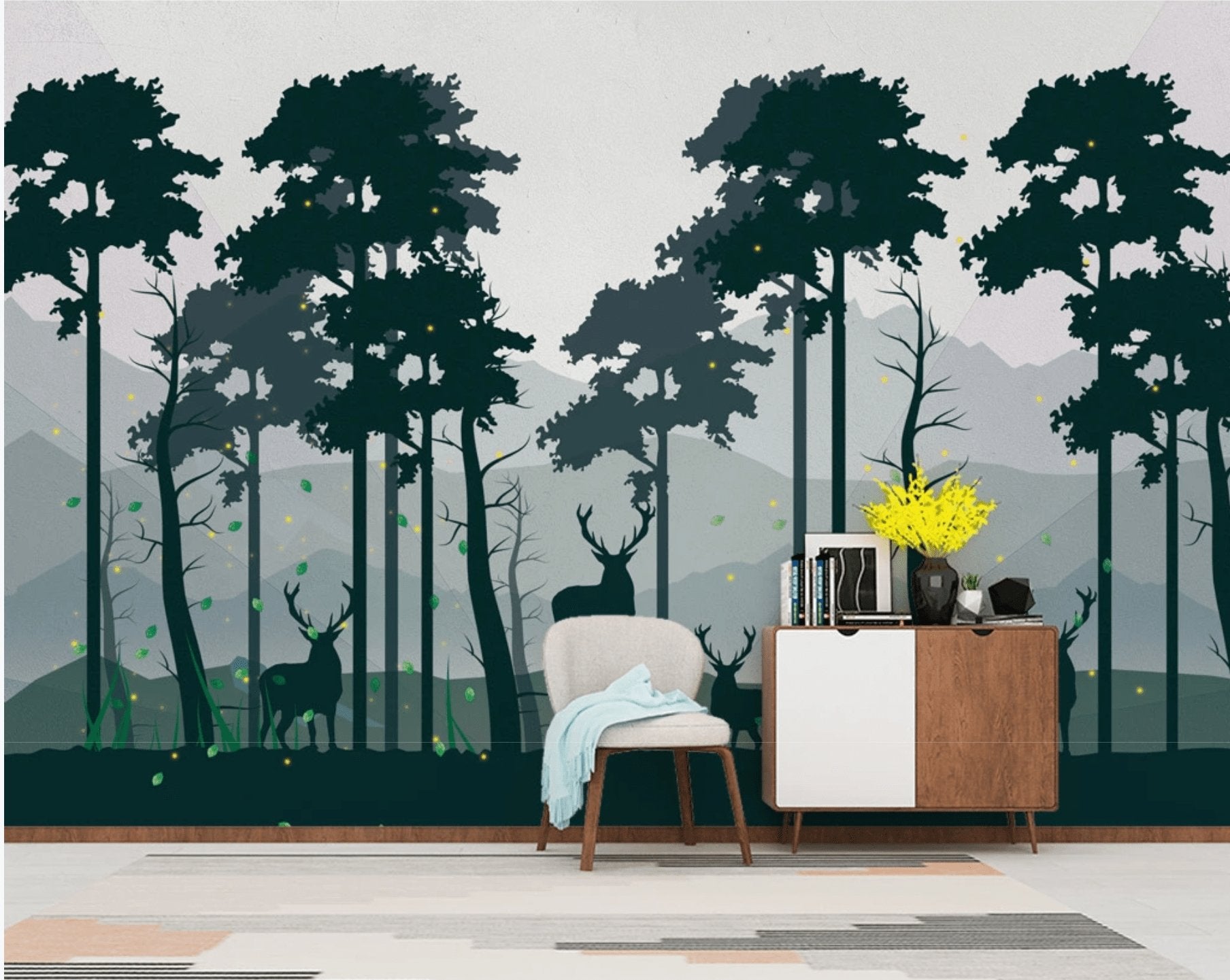 Papier peint panoramique nature forêt cerf vert profond - papier peint sur mesure francais - muralconcept