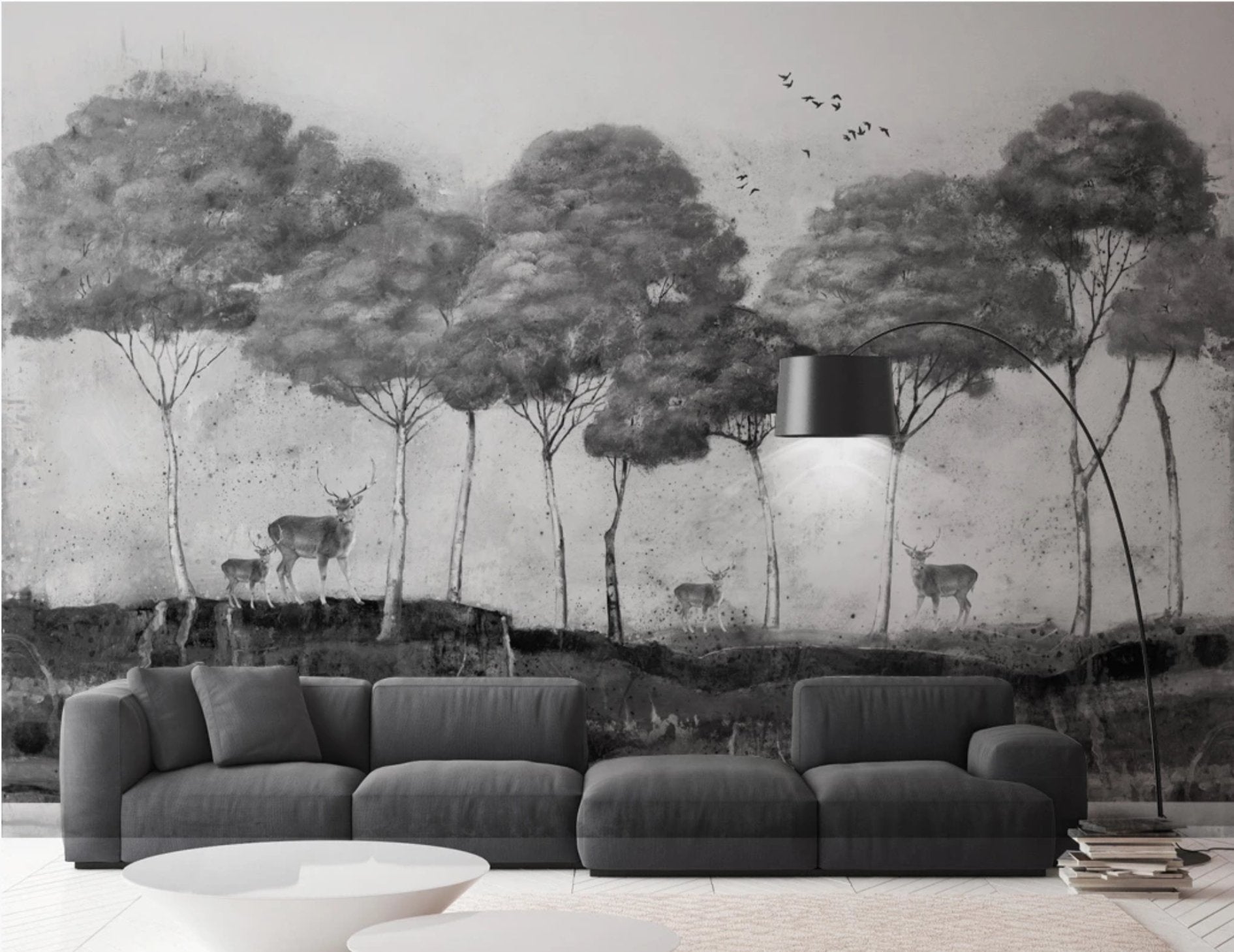 Papier peint panoramique Pins & Cerfs Mystiques - papier peint sur mesure francais - muralconcept