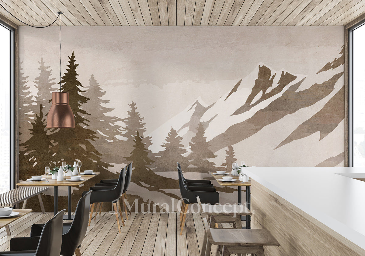 Papier peint bistrot sapin et montagne vintage sépia