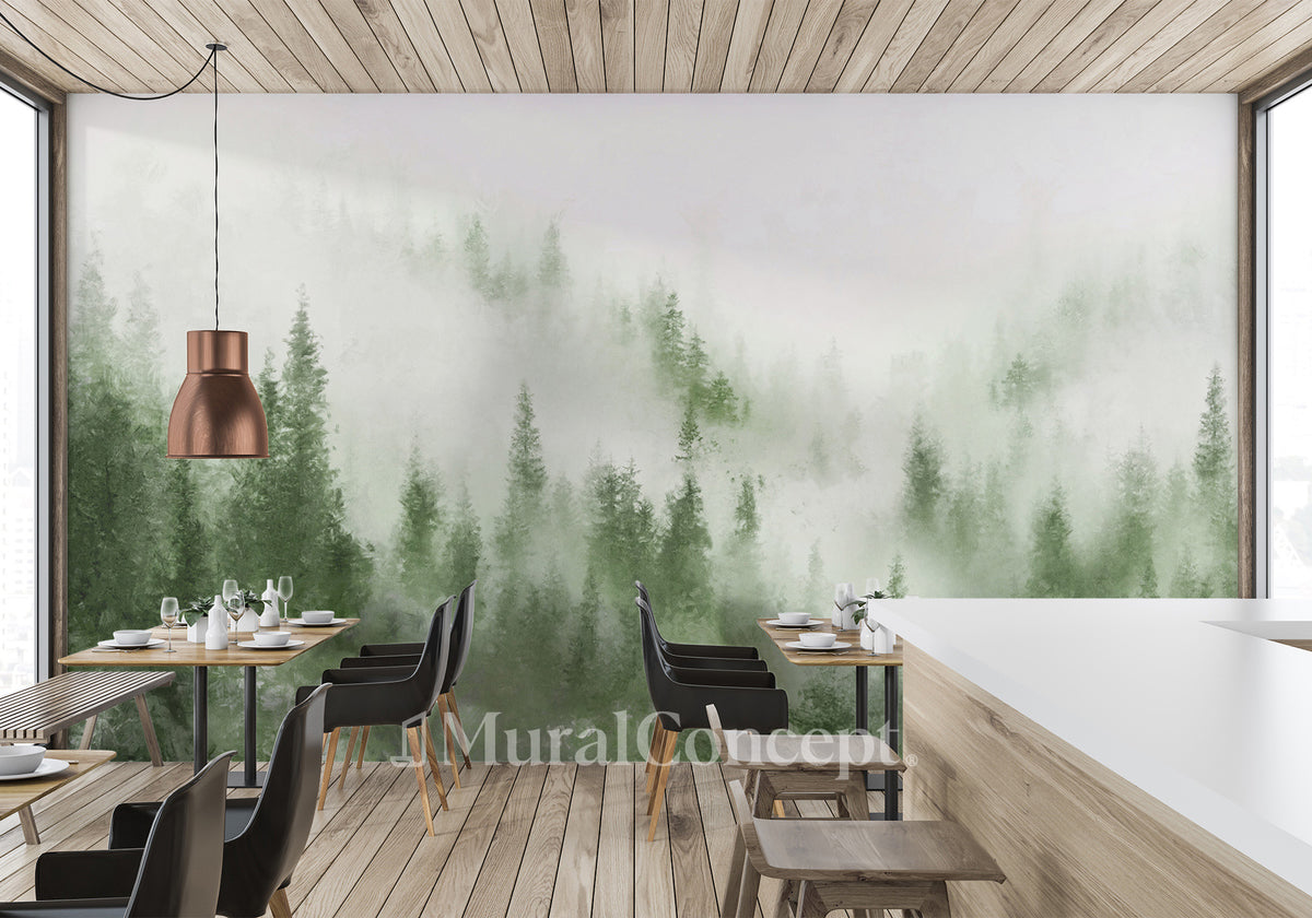 Papier peint bistrot sapin brume verte aquarelle