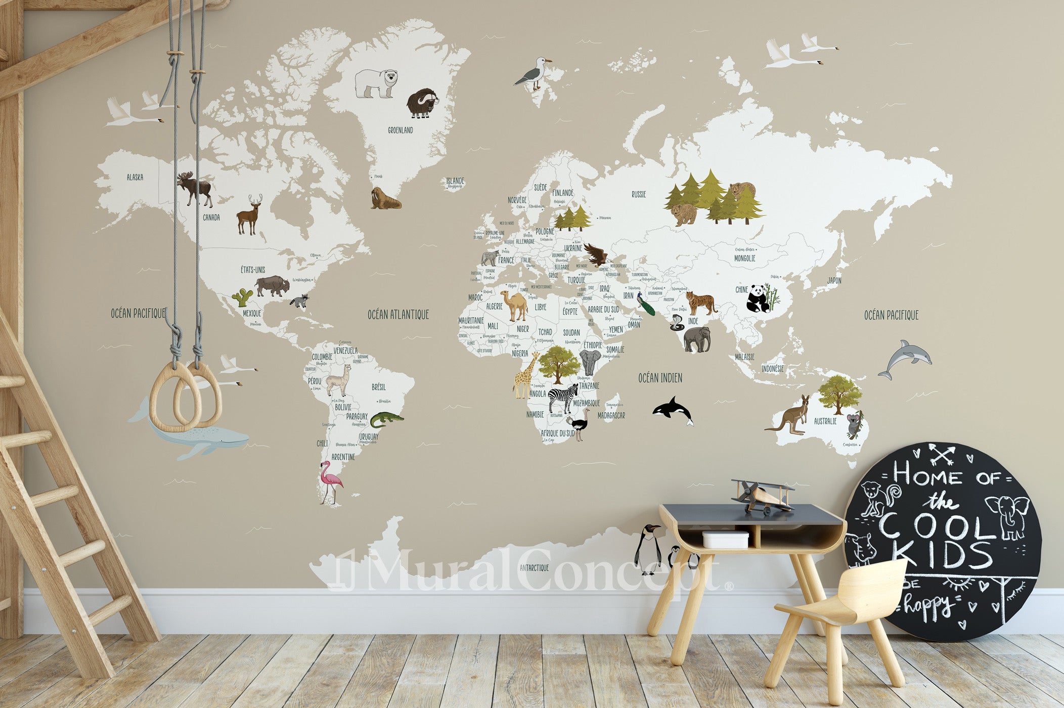 papier peint map monde chambre enfant sain beige