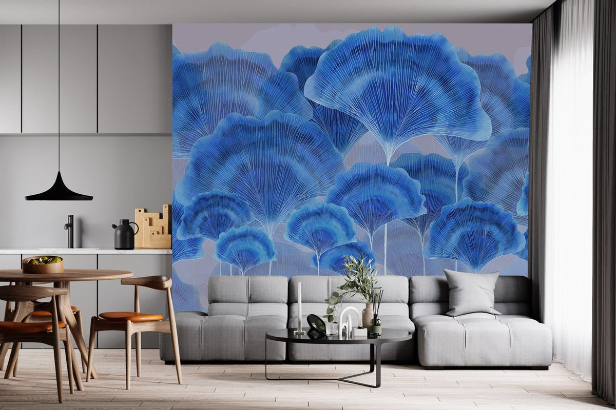 Papier peint contemporain ginkgo zen bleu