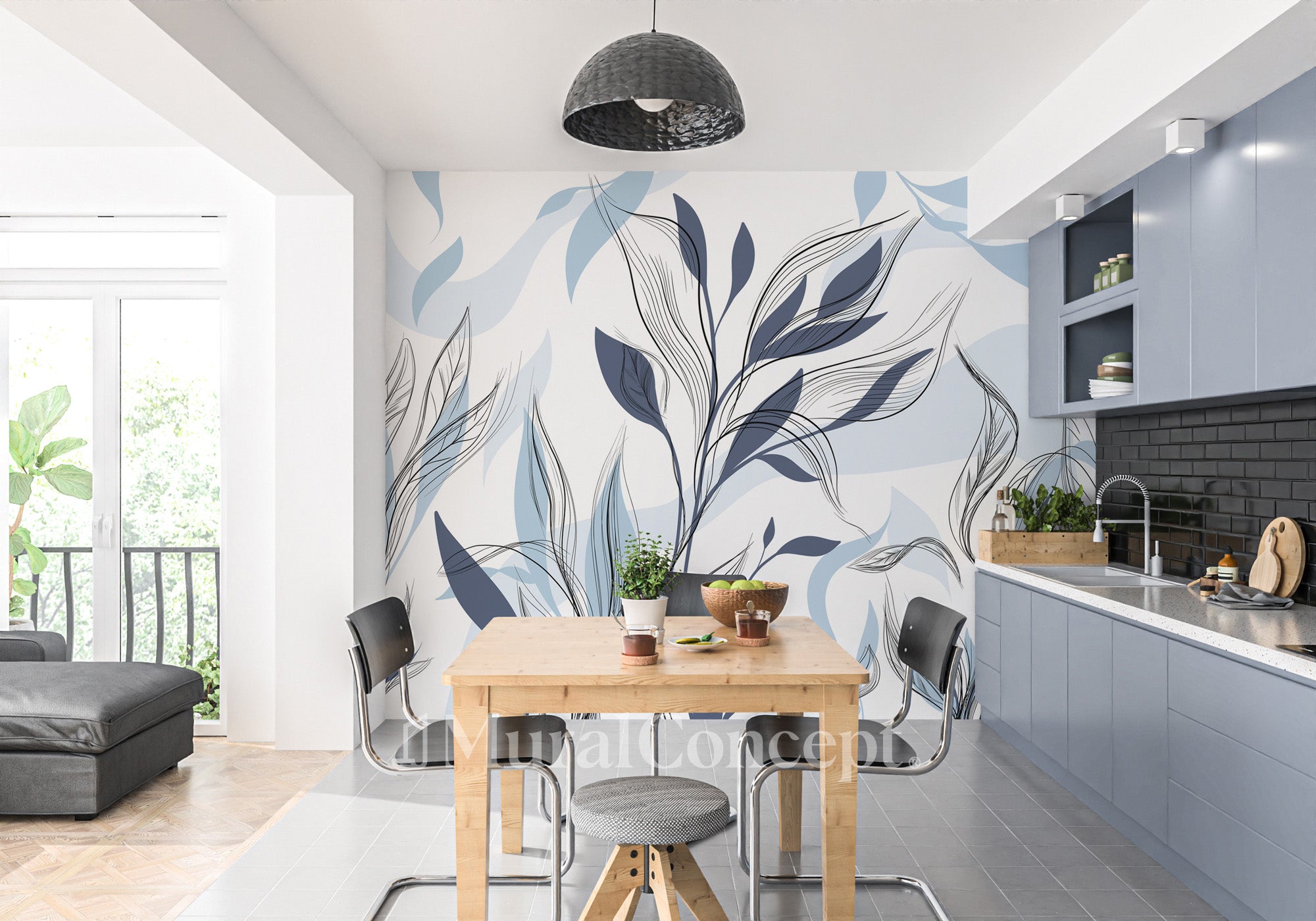 Papier peint fleur graphique bleu - panoramique français