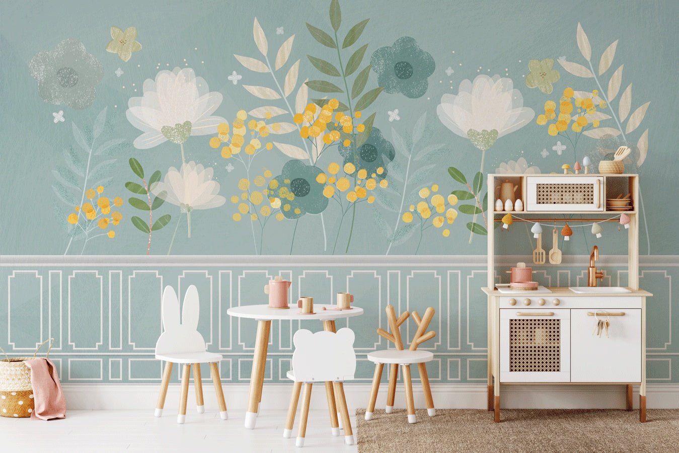 Papier peint cuisine vert d'eau et printanier floral - Muralconceptpapier_peint_sur_mesure