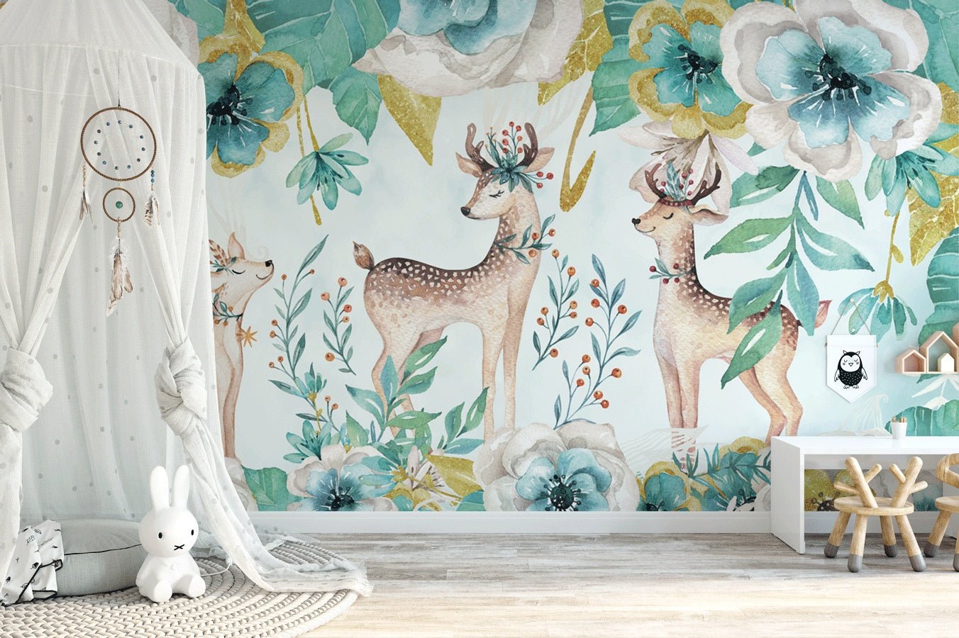 Papier peint douces biches floral vert - Muralconceptpapier_peint_sur_mesure