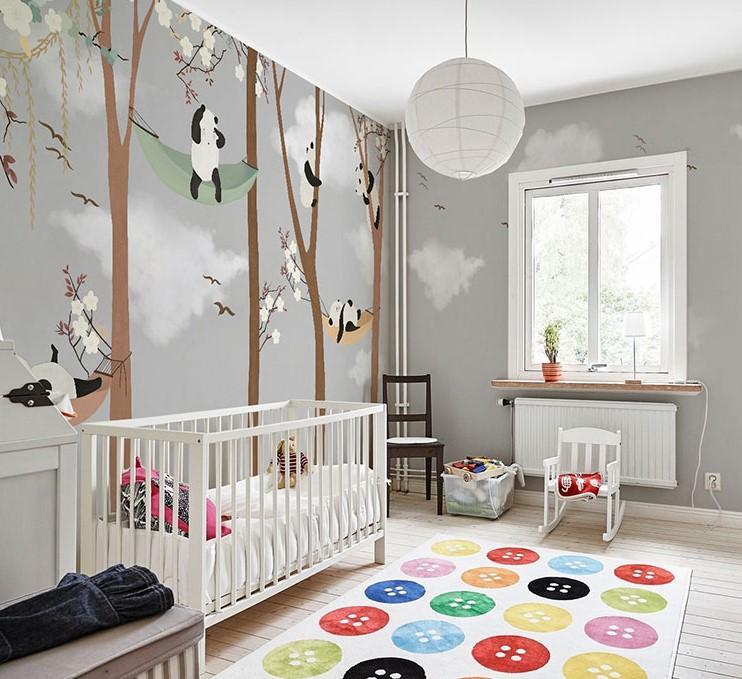 Papier peint enfant Panda dans les airs - papier peint sur mesure francais - muralconcept