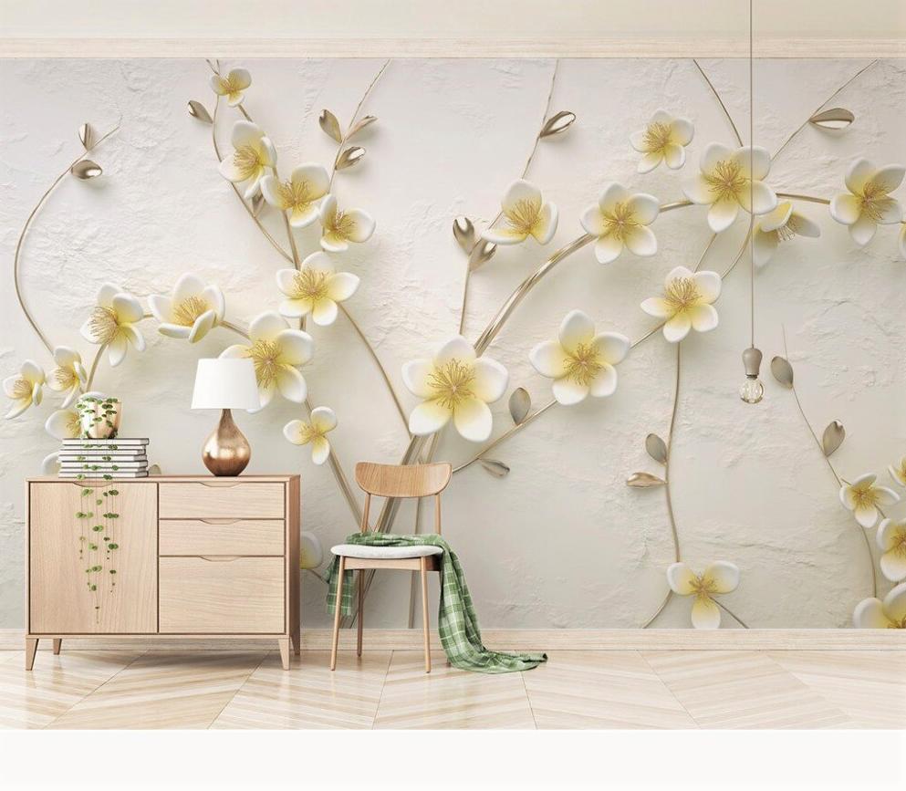 Papier peint fleurs blanches 3D - papier peint sur mesure francais - muralconcept