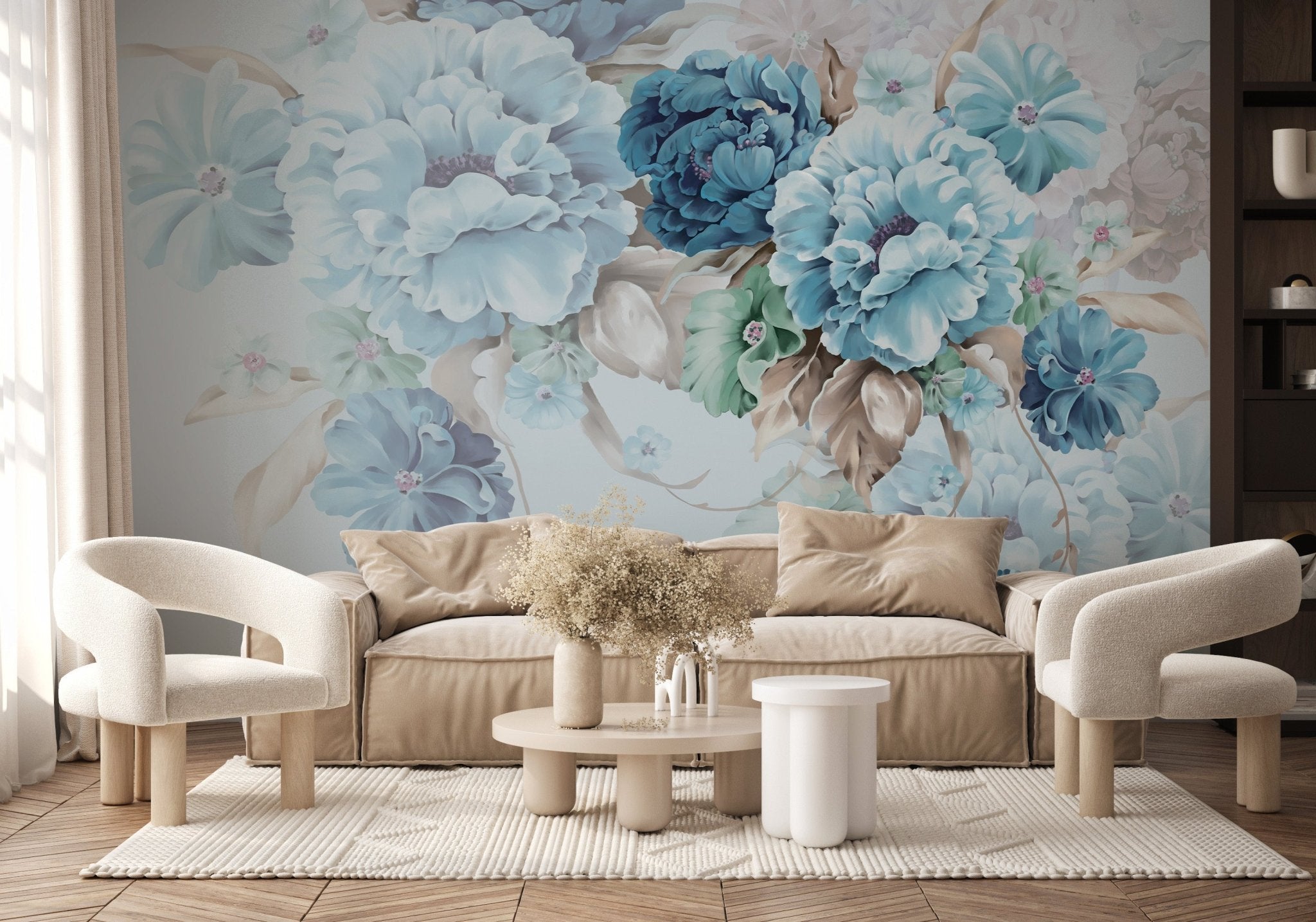 Papier peint fleurs bleues, mural concept, tendance