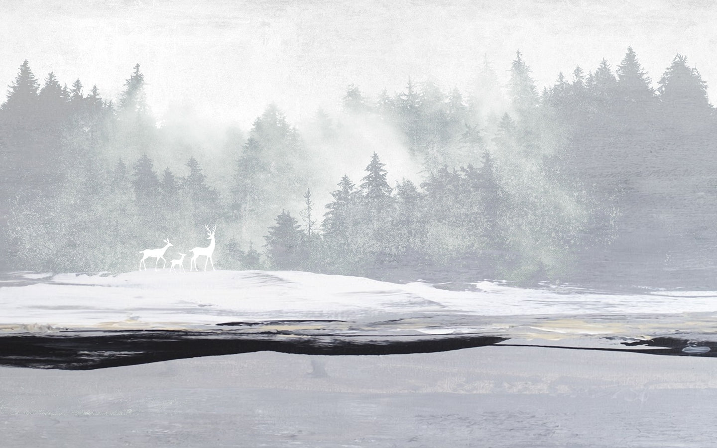 Papier peint forêt brumeuse et cerfs - Muralconceptpapier_peint_sur_mesure