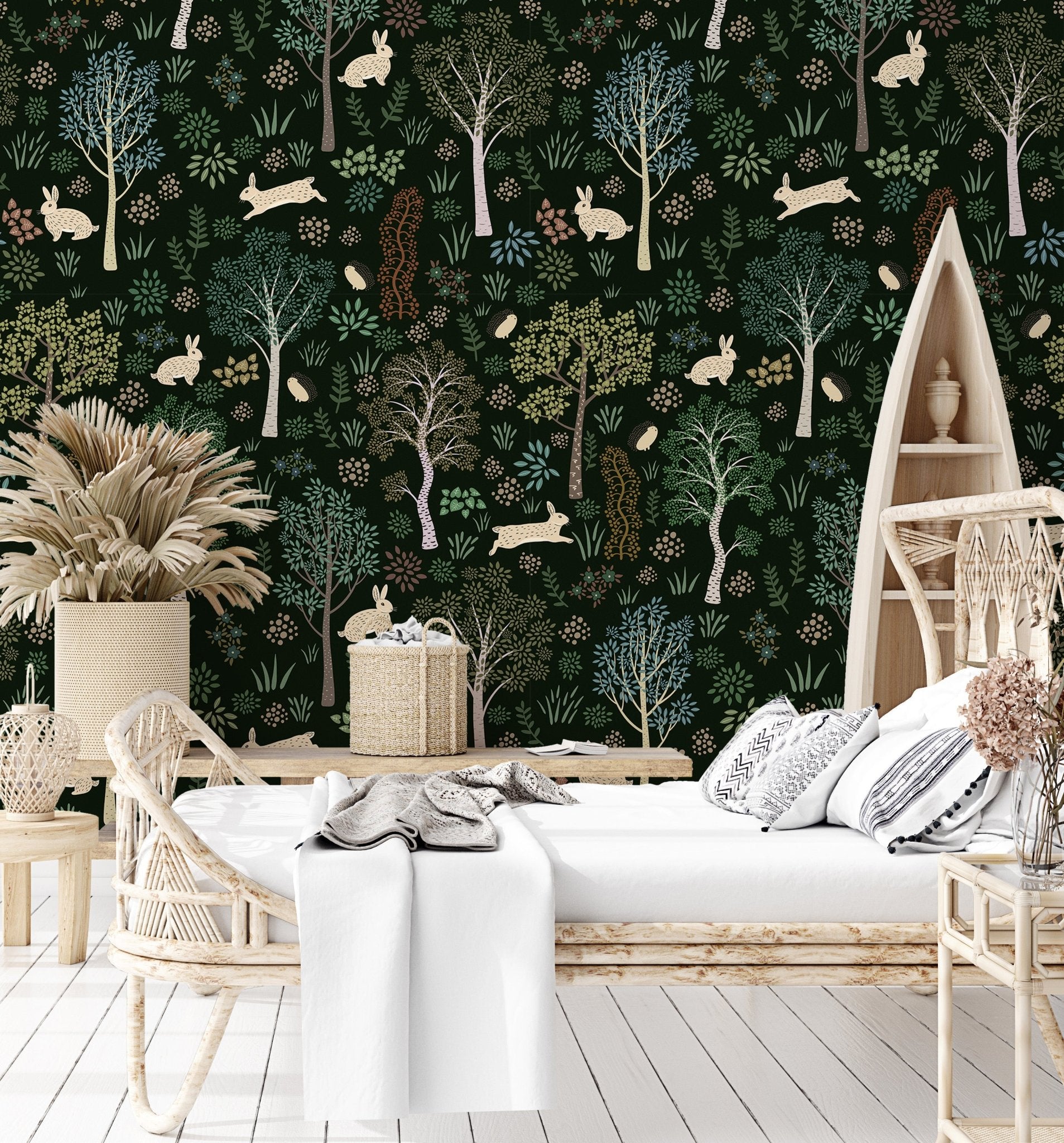 Papier peint panoramique bébé forêt et lapins, mural concept, tendance