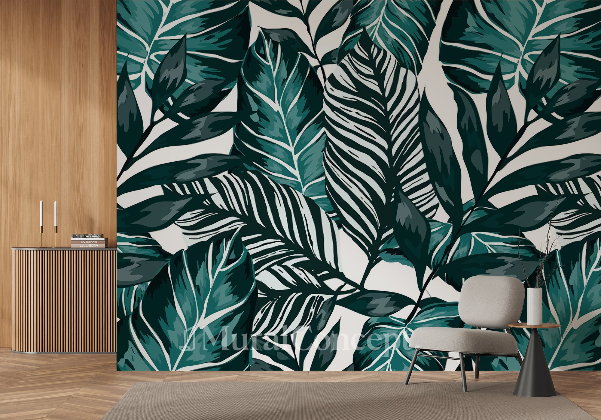 Papier peint intissé Feuille couleur Bleu Paon - panoramique français