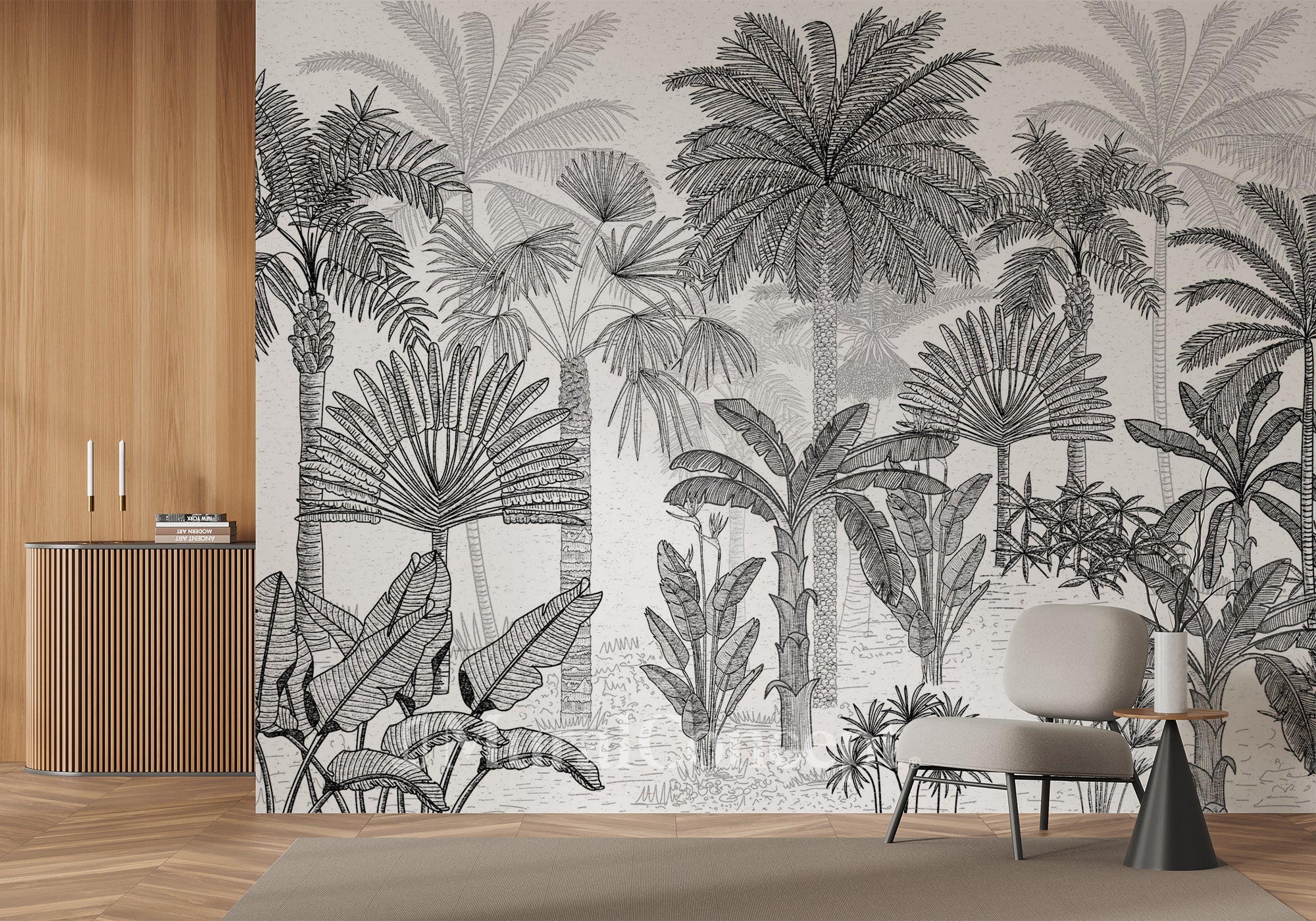 Papier peint jungle cocotier tendance gravure - panoramique français