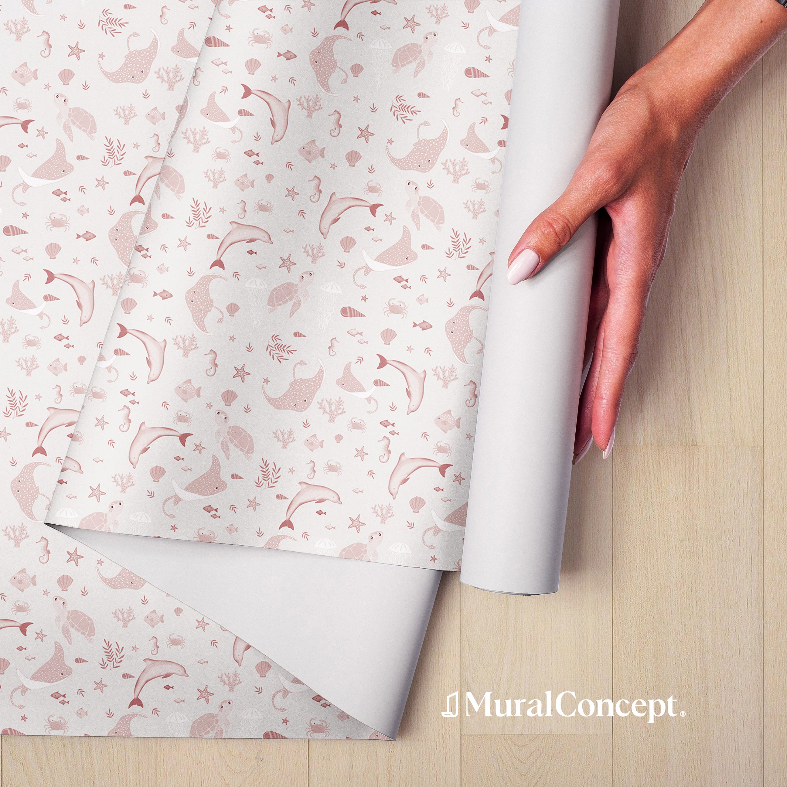 Papier peint motif océania rose poudré - panoramique français