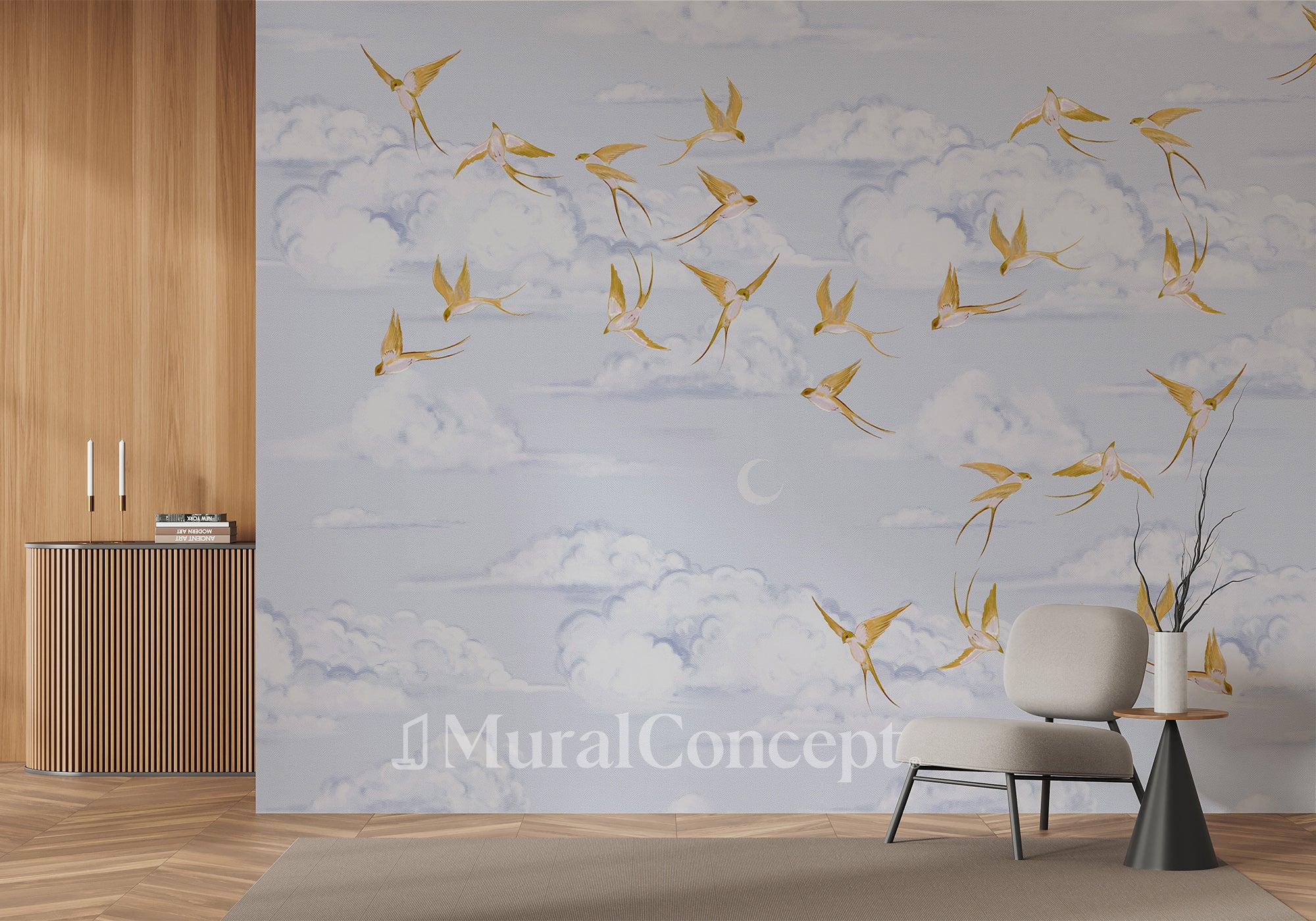 Papier peint nuage poétique oiseau or - panoramique français