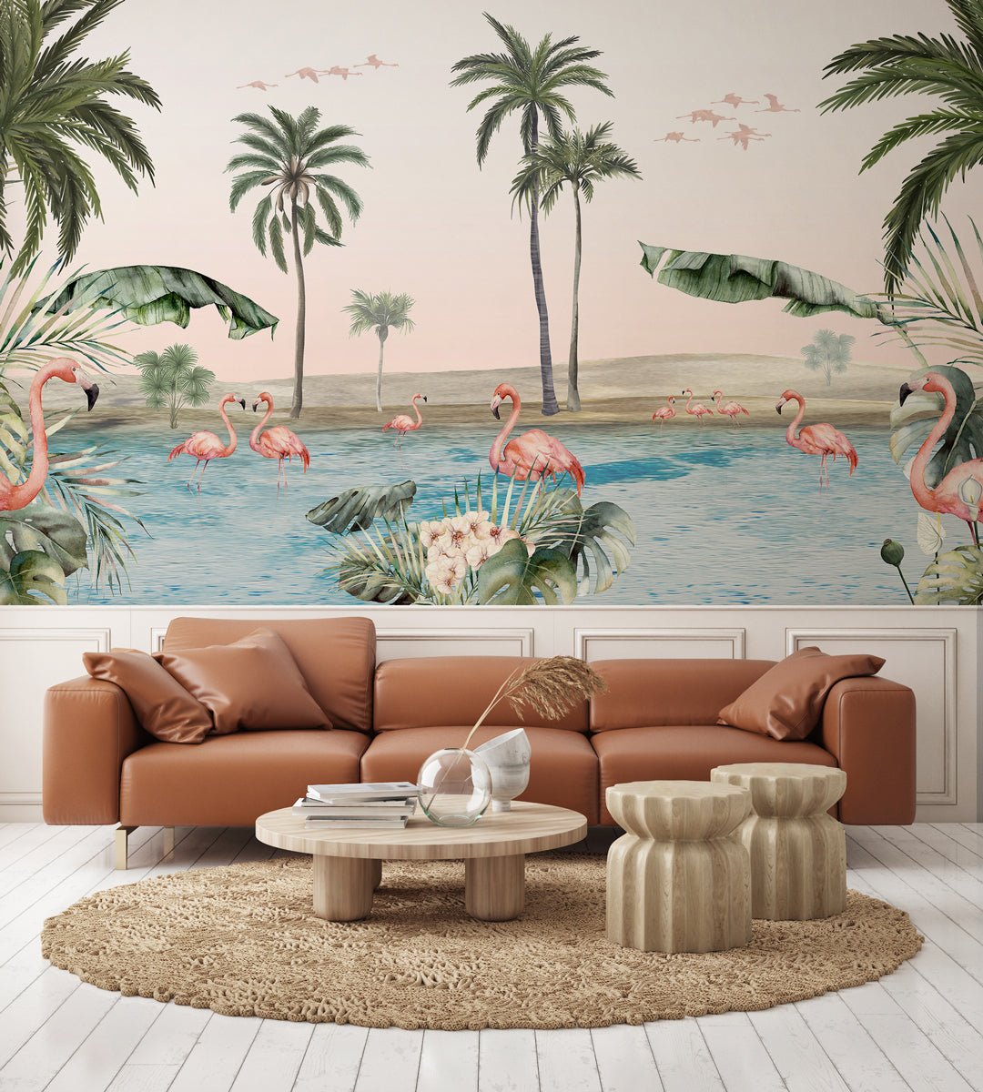 Papier peint oasis flamingo, mural concept, tendance