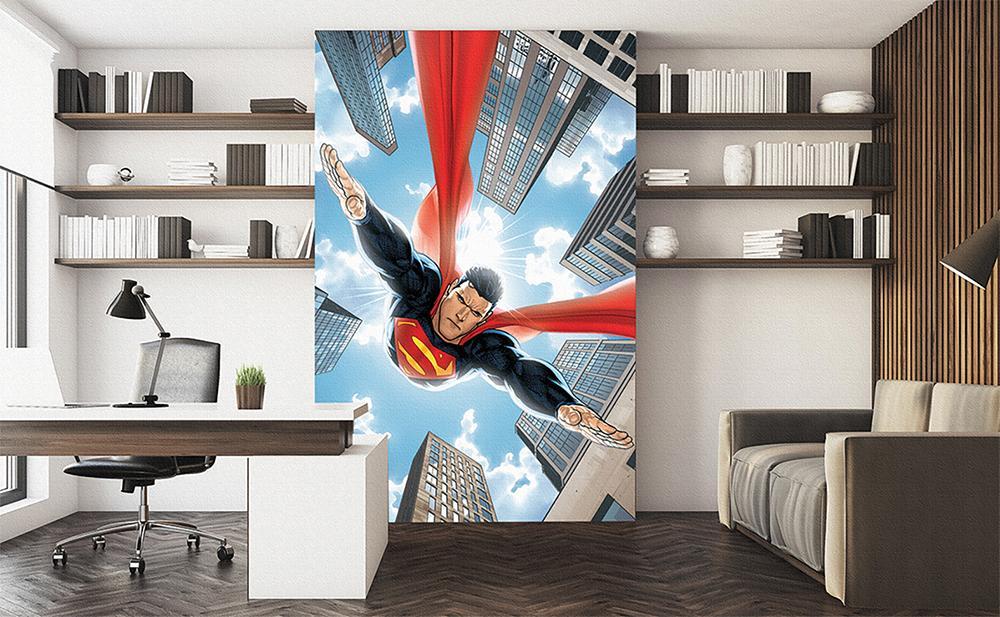 Papier peint panoramique héro superman BD survol city vintage - papier peint sur mesure francais - muralconcept