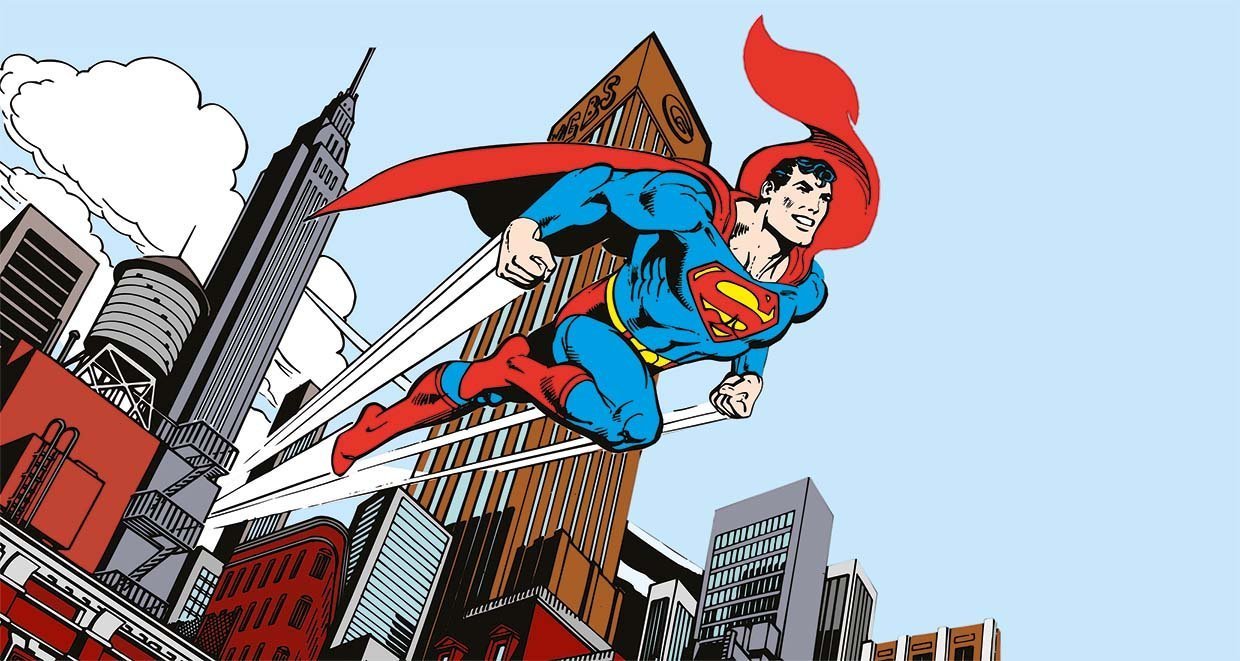 Papier peint panoramique héro superman BD vintage jump hors de la ville - papier peint sur mesure francais - muralconcept