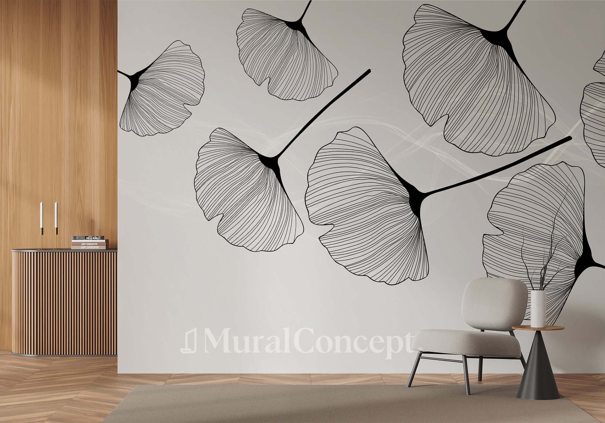 Papier peint panoramique tendance ginkgo noir - panoramique français