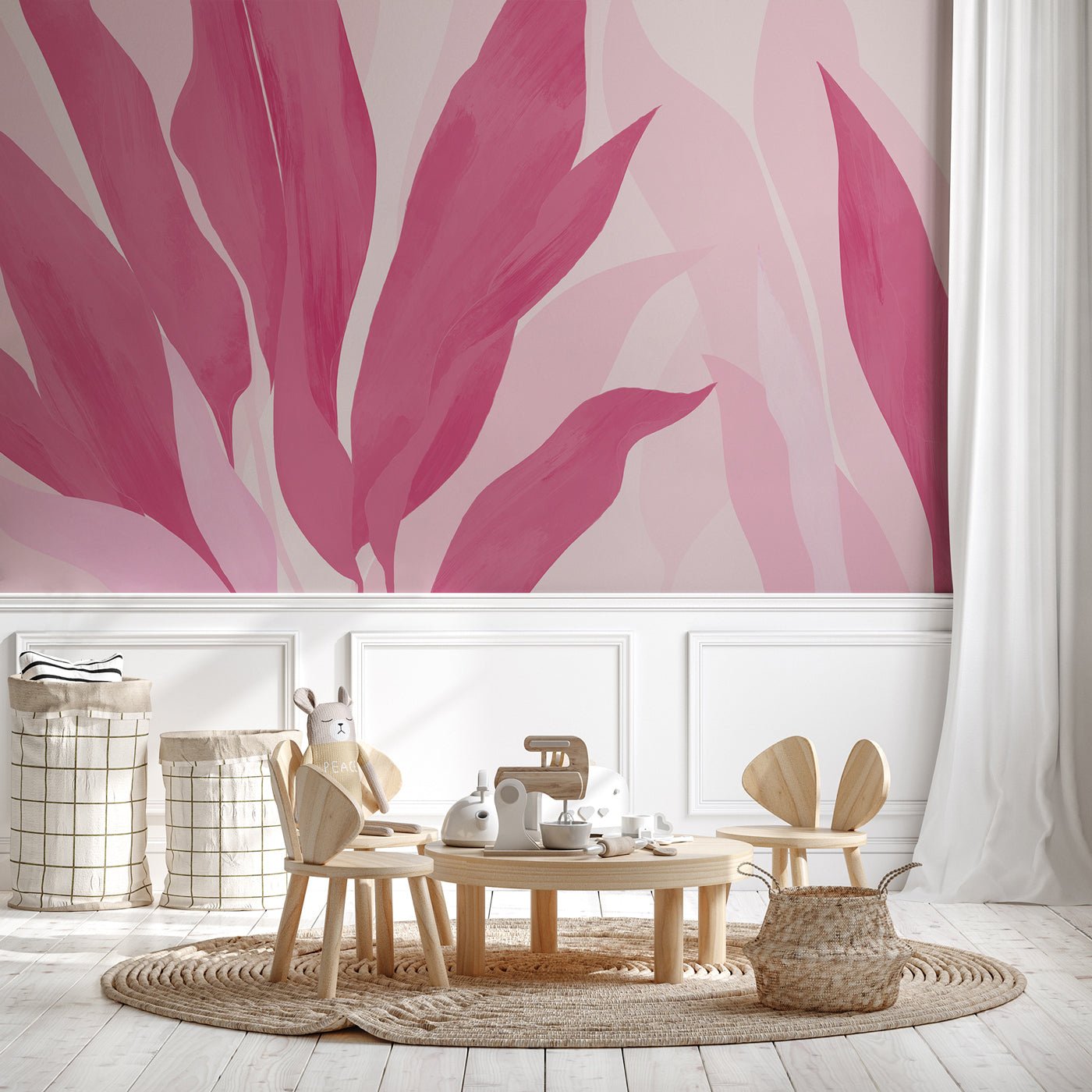 Papier peint panoramique étoffe florale rose, mural concept, tendance