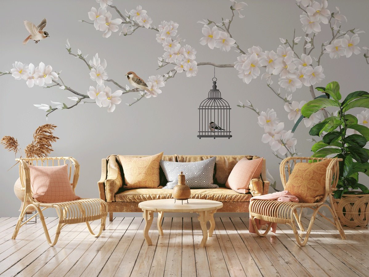 Papier peint salon romantique arbre en floraison - Muralconceptpapier_peint_sur_mesure