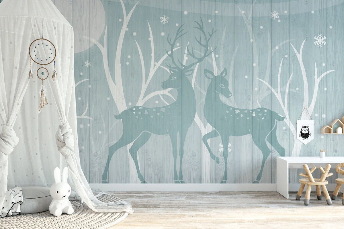 Papier peint tendance biche forêt bleue