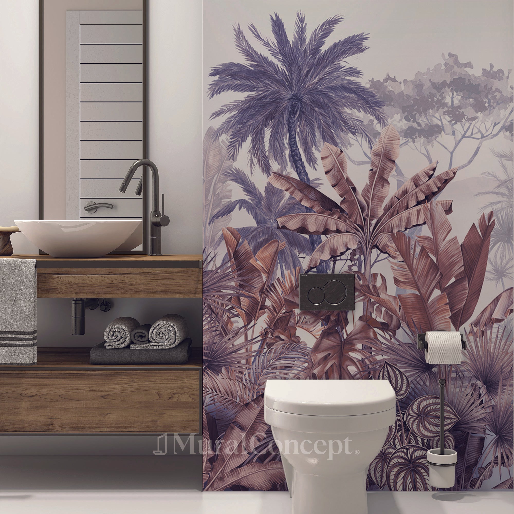 Papier peint toilette tendance tropical violet - panoramique sur mesure francais - muralconcept