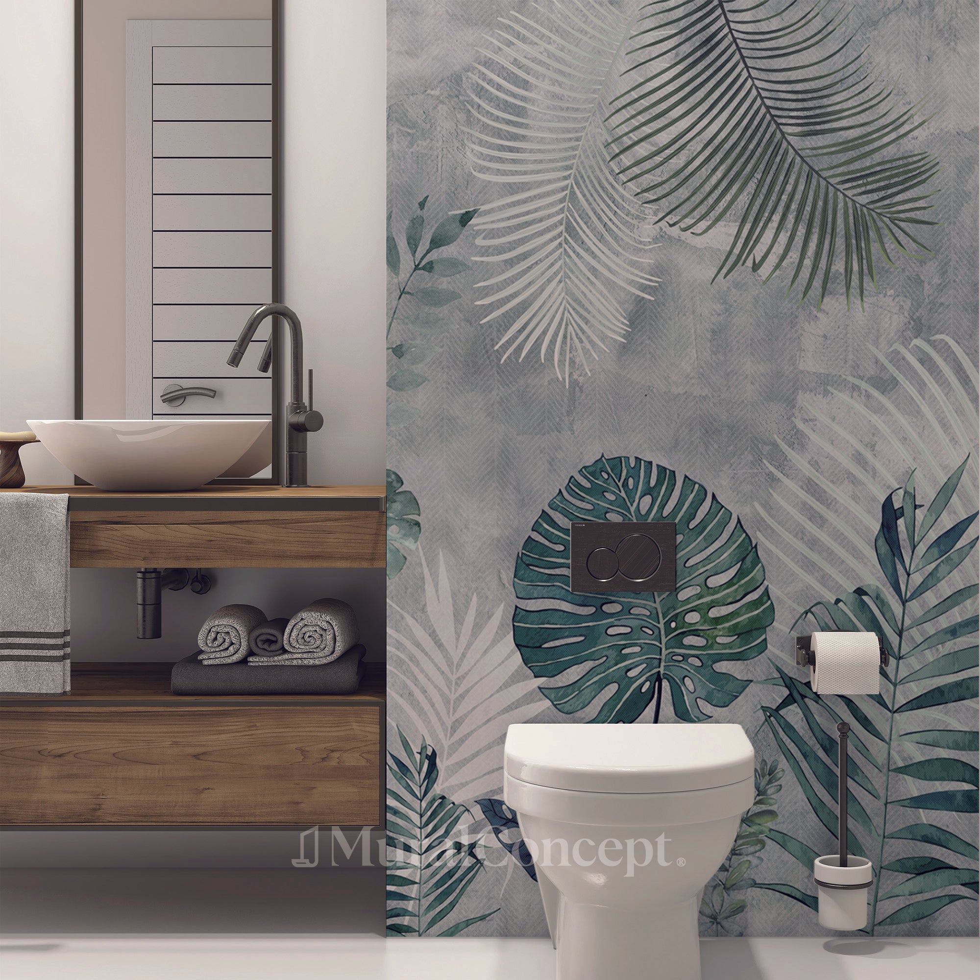 Papier peint wc Biophilic Jungle Monochrome - panoramique sur mesure francais - muralconcept