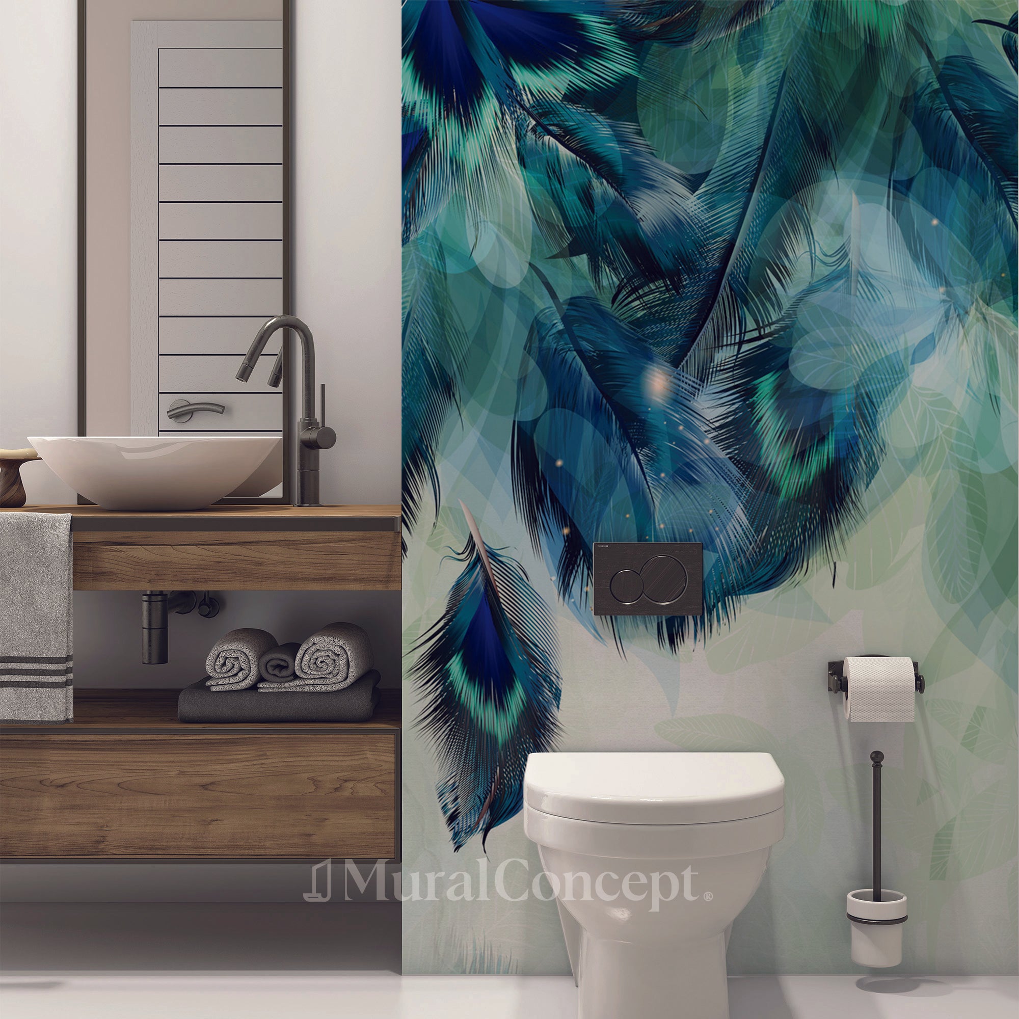 Papier Peint wc Plume Ethnique Paon - panoramique sur mesure francais - muralconcept