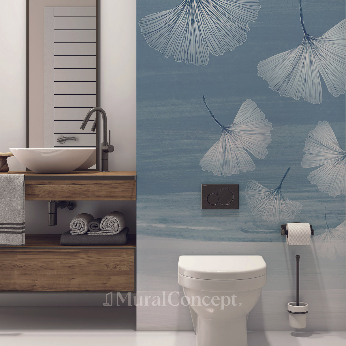 Papier peint wc japandi blue gingko