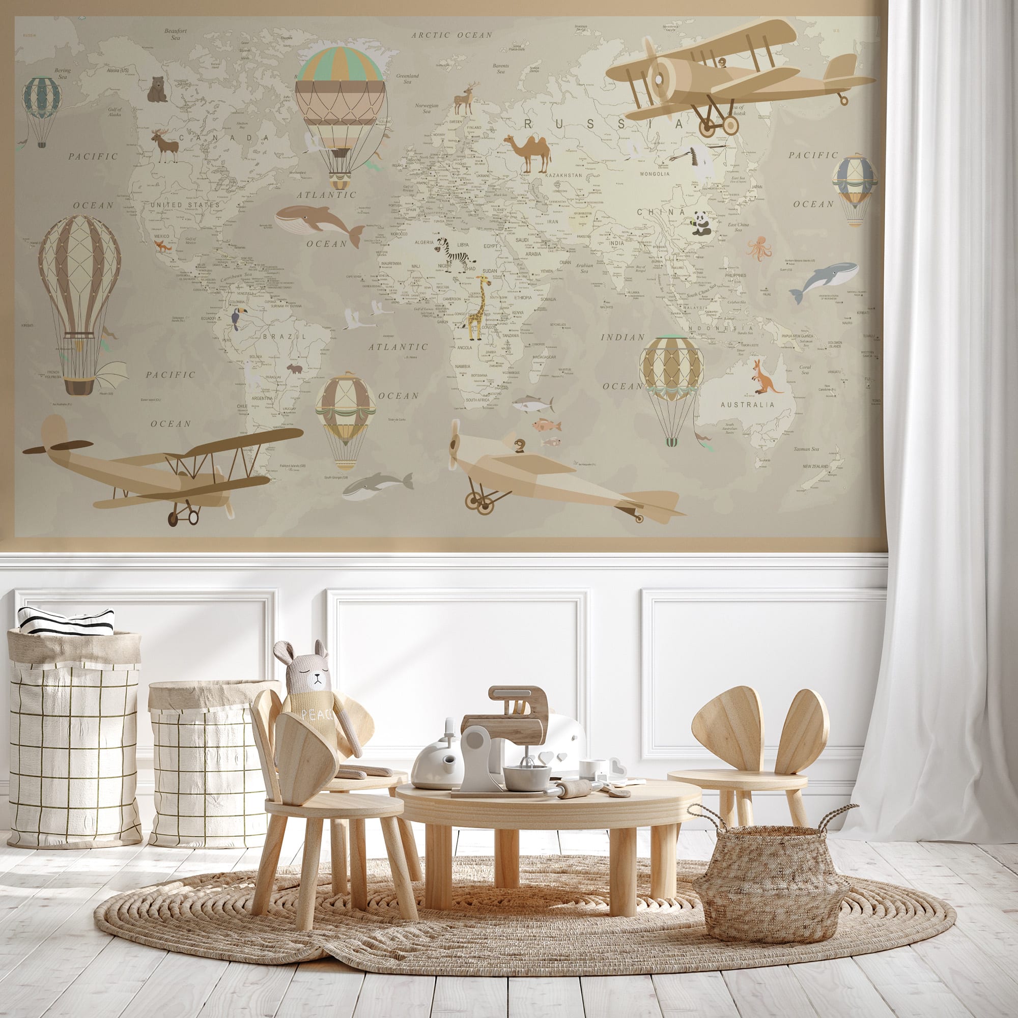 Papier peint enfant carte du monde aviateur - papier peint sur mesure francais - muralconcept