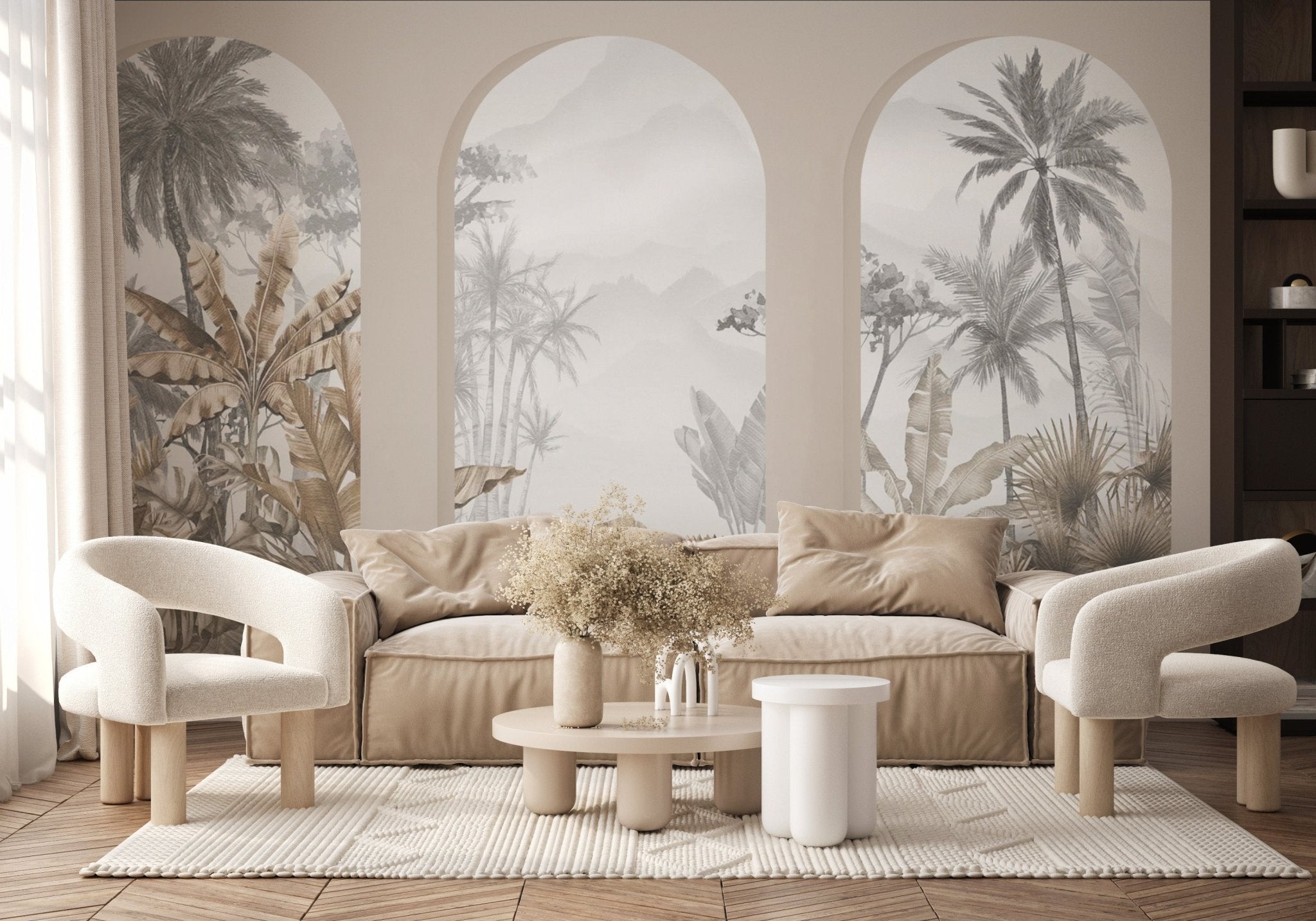 Papier peint arches tropicales sépia, mural concept, tendance